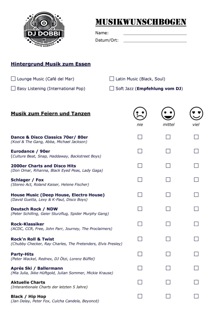 Musikwunschbogen für Hochzeit und Event – individuelle Songauswahl mit DJ Dobbi