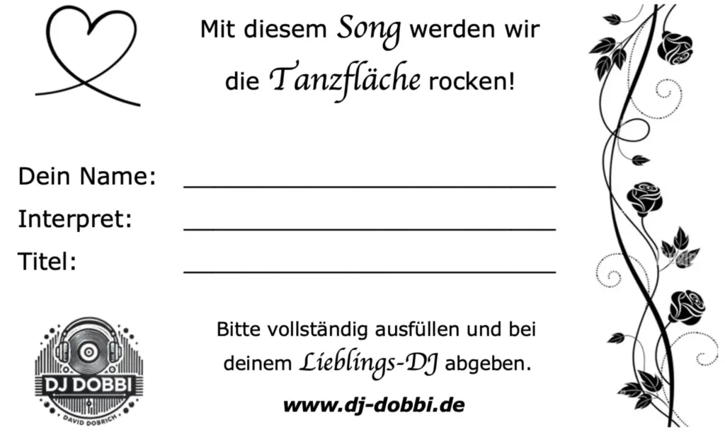 Songwunschkarte für Gäste – Musikwünsche direkt an DJ Dobbi während der Hochzeitsfeier