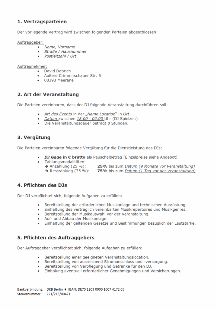Mustervertrag für DJ Dobbi – professioneller Hochzeits- und Event-DJ Vertrag mit Informationen zu Leistungen, Gage, Pflichten und Buchungsbedingungen