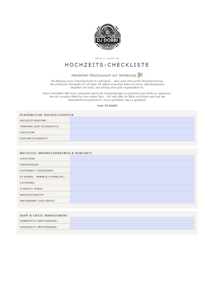 Hochzeits-Checkliste von DJ Dobbi – professionelle Planungshilfe für Hochzeit und Event, inklusive Kontaktübersicht, Musikorganisation und Ablaufplanung
